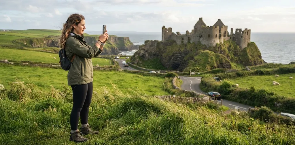 Traveler Filming Lrish Castle With Smartphone