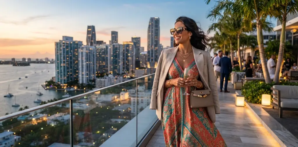 Stylish Woman Overlooking Miami Skyline