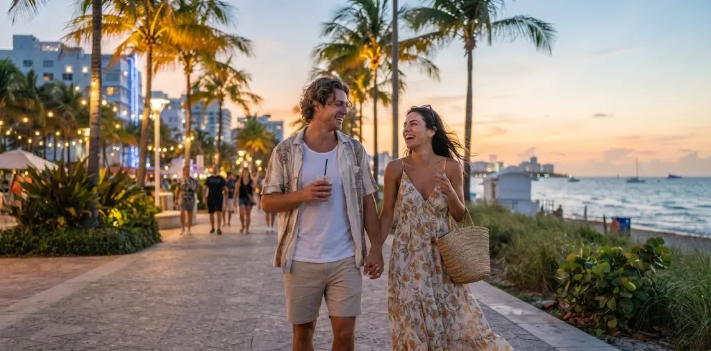 Couple Enjoying A Vibrant Miami Beach Evening