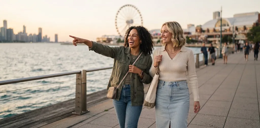 Friends Enjoying Navy Pier Waterfront Views