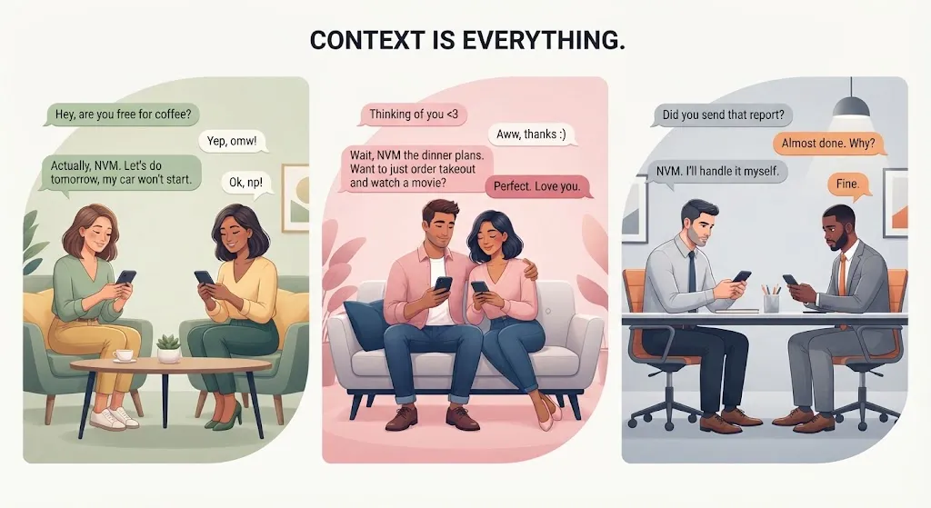 Different NVM texting Contexts Showing Friendly, Romantic, And Tense Tones