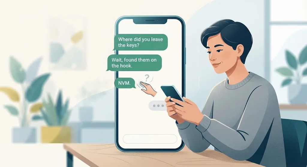 Illustration showing NVM Used As Never Mind In A Casual Text Conversation