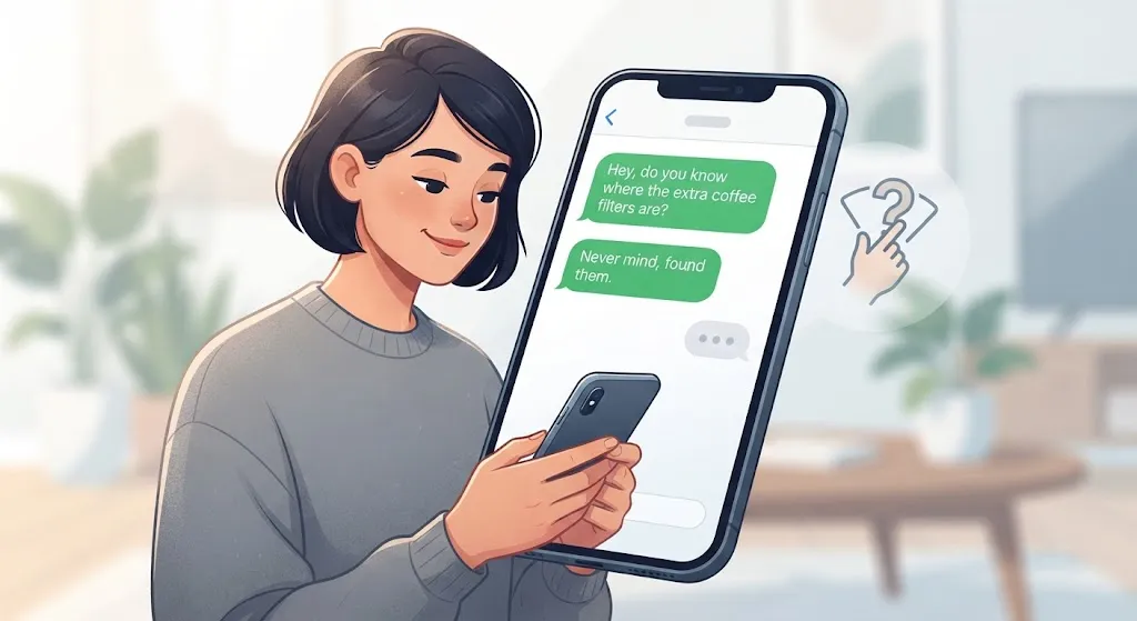 Illustrated text Conversation Showing NVM After Someone finds An Answer