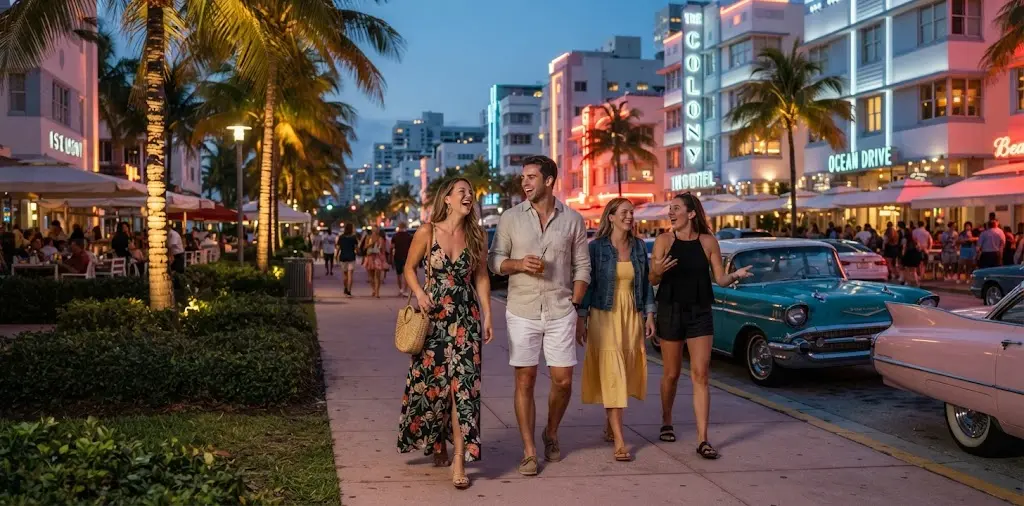 Friends Walking Along Colorful Ocean Drive