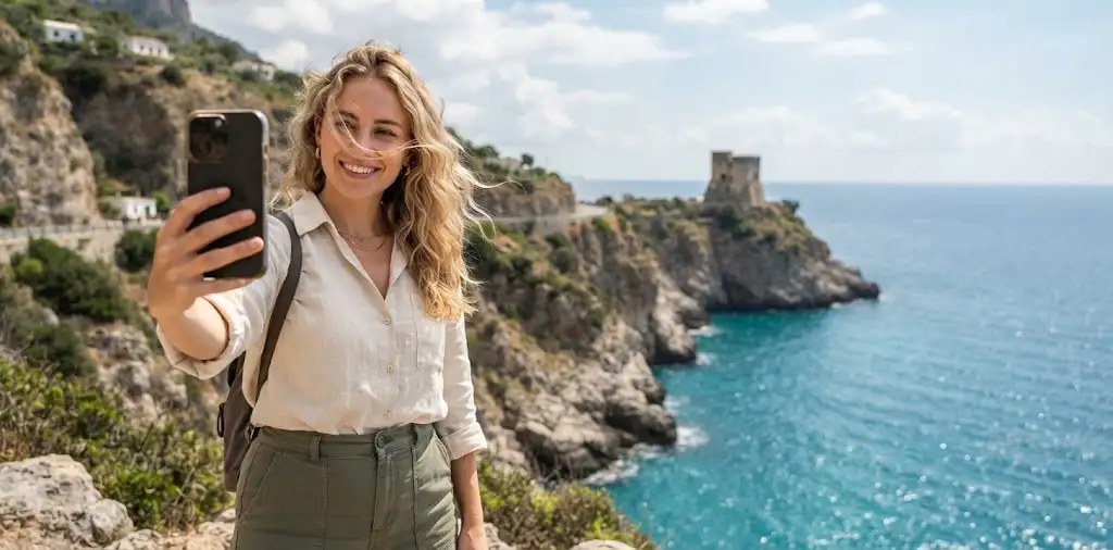 Traveler Taking A Selfie Beside A Coastal Landmark