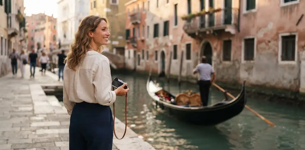 Woman Watching Gondolas Along A Venice Canal